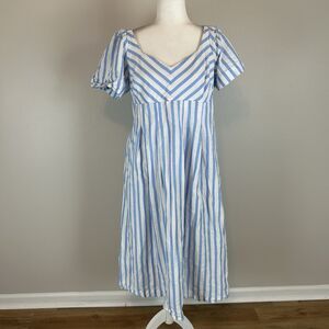 Cotton Midi Dress Blue White Stripe Coastal Preppy Subtle Luxury 12 L Milkmaid